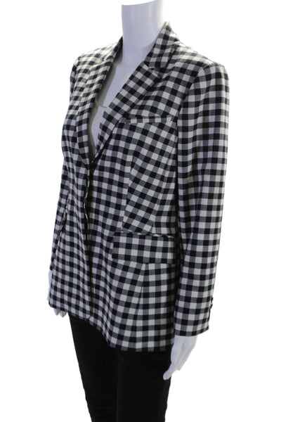 Lela Rose Womens Checks Plaid Two Button Blazer Jacket Black White Wool Size 8