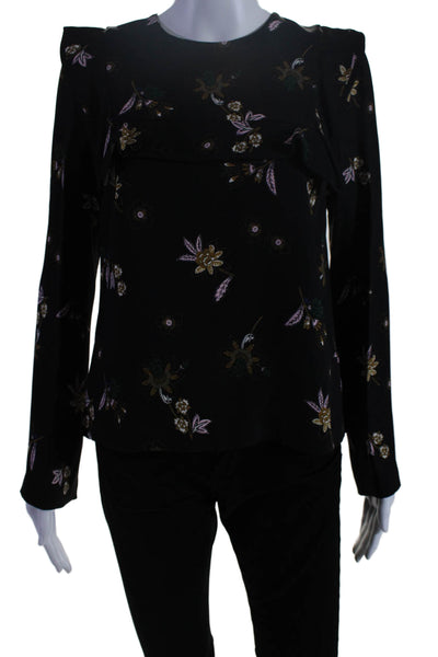 A.L.C. Womens Silk Floral Print Back Zip Layered Long Sleeve Blouse Black Size 4