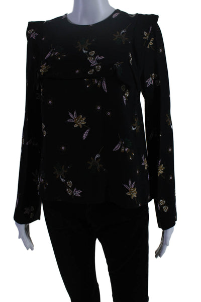 A.L.C. Womens Silk Floral Print Back Zip Layered Long Sleeve Blouse Black Size 4