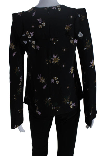 A.L.C. Womens Silk Floral Print Back Zip Layered Long Sleeve Blouse Black Size 4