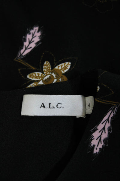 A.L.C. Womens Silk Floral Print Back Zip Layered Long Sleeve Blouse Black Size 4