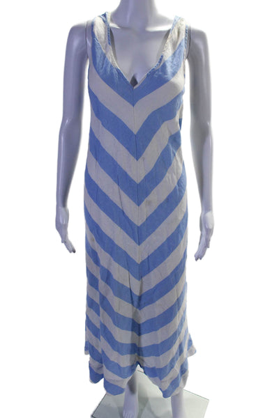 Neiman Marcus Womens Linen V Neck Striped Maxi Coverup Dress Blue Size L