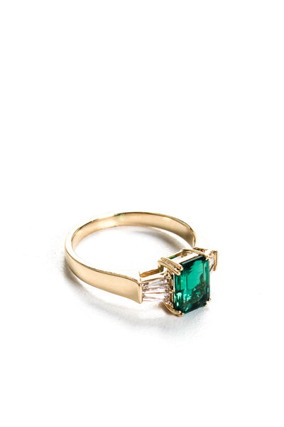 Designer Womens 14K Yellow Gold 1.20ct Lab Created Emerald 3 Stone Ring 1.50CTW