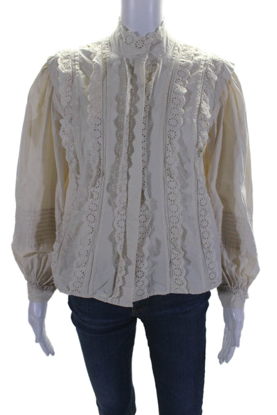 Sea New York Womens Cotton Long Sleeve Lace Trim Button Down Blouse White Size 0