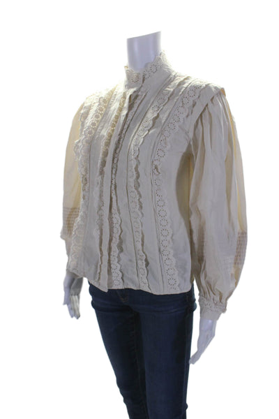 Sea New York Womens Cotton Long Sleeve Lace Trim Button Down Blouse White Size 0