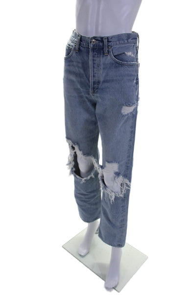 Agolde Womens High Rise Button Fly Distressed Straight Leg Jeans Blue Size 24