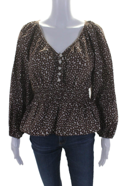 J Crew Womens Cotton Floral Scoop Neck Long Sleeve Blouse Brown Size S