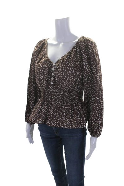 J Crew Womens Cotton Floral Scoop Neck Long Sleeve Blouse Brown Size S