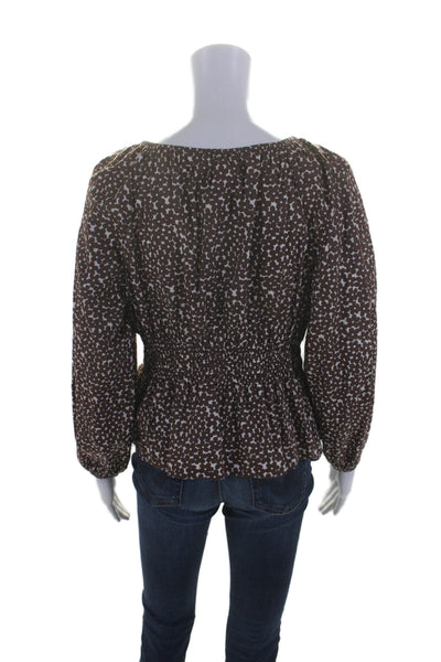 J Crew Womens Cotton Floral Scoop Neck Long Sleeve Blouse Brown Size S