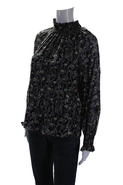 Rebecca Taylor Womens Black Silk Blend Floral Ruffle High Neck Blouse Top Size 0