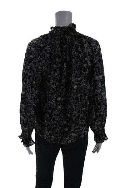 Rebecca Taylor Womens Black Silk Blend Floral Ruffle High Neck Blouse Top Size 0