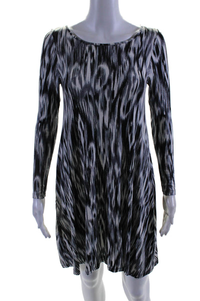 Elle Lauri Womens Ikat Print Long Sleeves Shirt Dress Black White Size Small