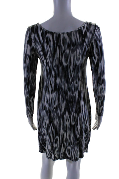 Elle Lauri Womens Ikat Print Long Sleeves Shirt Dress Black White Size Small