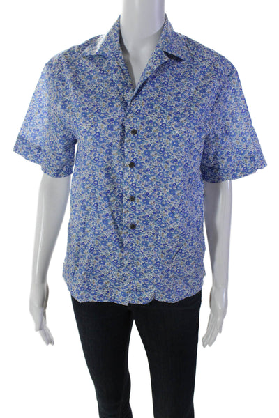 Mona Thalheimer Womens Cotton Floral Collared Button Up Blouse Top Blue Size S