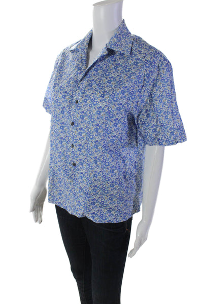 Mona Thalheimer Womens Cotton Floral Collared Button Up Blouse Top Blue Size S