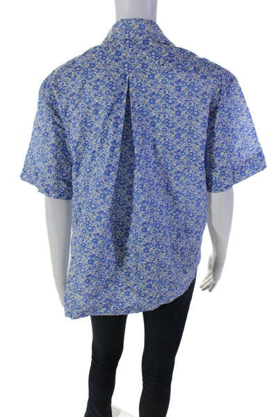 Mona Thalheimer Womens Cotton Floral Collared Button Up Blouse Top Blue Size S