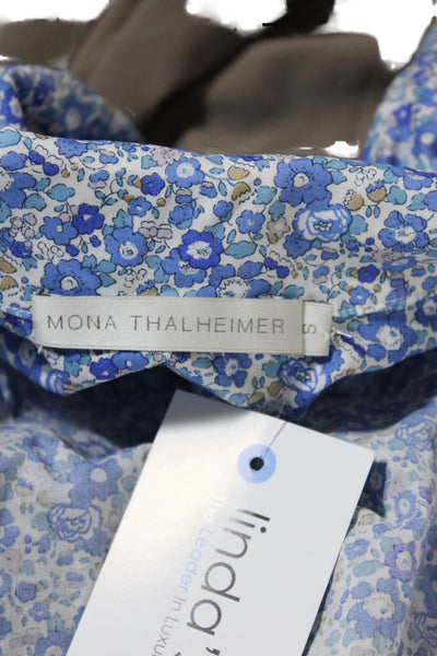 Mona Thalheimer Womens Cotton Floral Collared Button Up Blouse Top Blue Size S