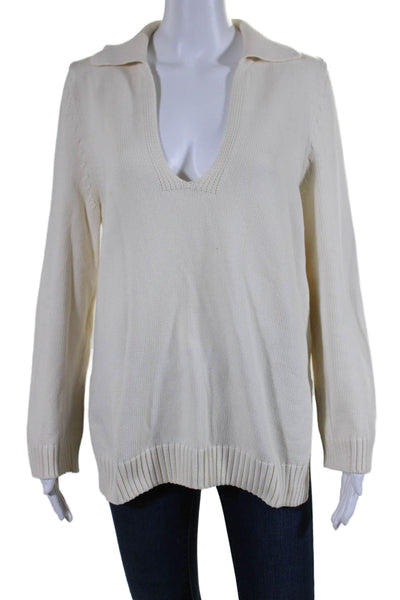 Leset Womens White Cotton Blend Collar Long Sleeve Pullover Sweater Top Size S