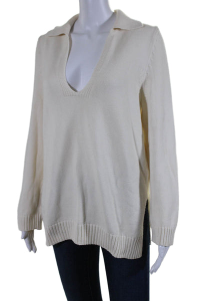 Leset Womens White Cotton Blend Collar Long Sleeve Pullover Sweater Top Size S