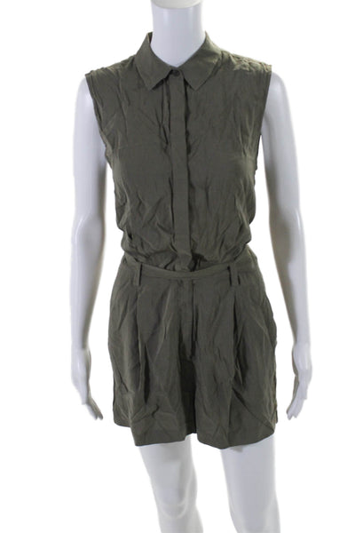 Allsaints Womens Collared Short Sleeved Button Up Waist Tied Romper Green Size 6