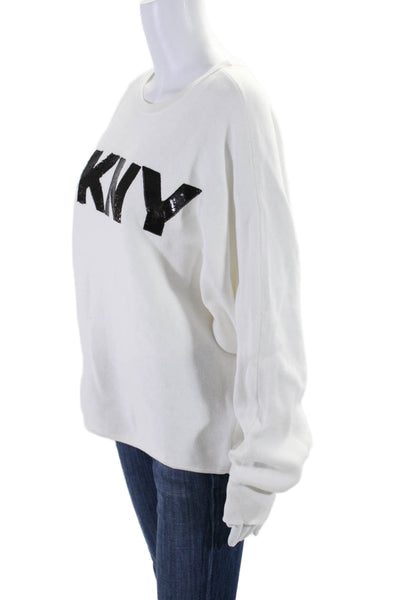 DKNY Jeans Womens Cotton White Sequins Crew Neck Long Sleeve Sweater Top Size M