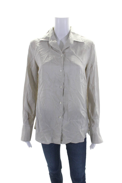 Agnona Women's Collared Long Sleeves Button Down Striped Shirt Beige Size 44