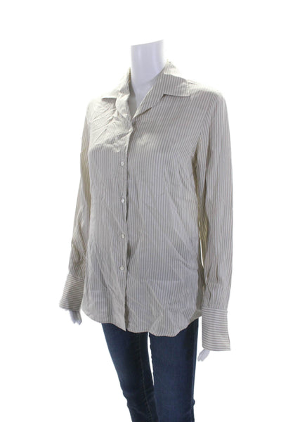 Agnona Women's Collared Long Sleeves Button Down Striped Shirt Beige Size 44