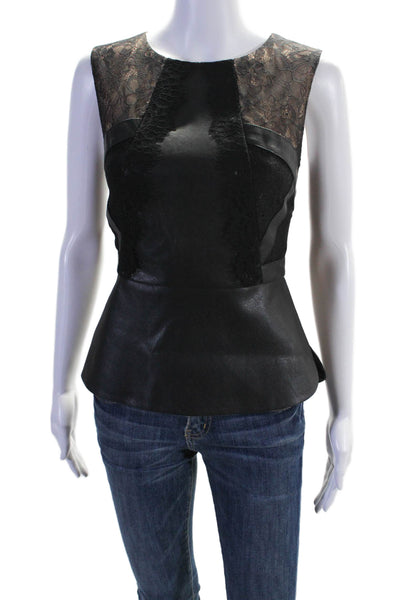 BCBGMAXAZRIA Women's Sleeveless Lace Trim Faux Leather Blouse Black Size S