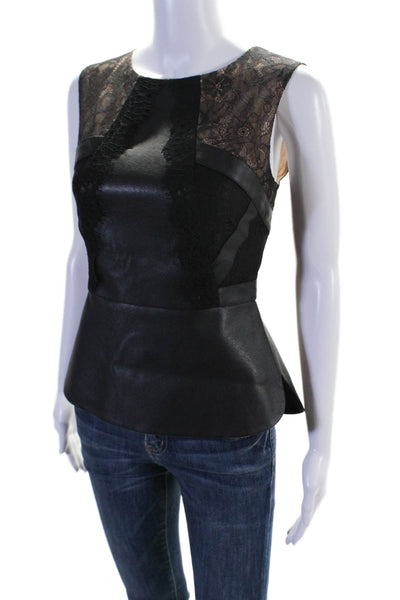 BCBGMAXAZRIA Women's Sleeveless Lace Trim Faux Leather Blouse Black Size S