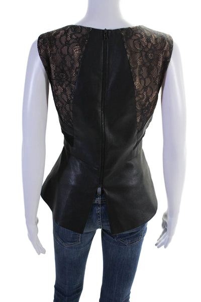 BCBGMAXAZRIA Women's Sleeveless Lace Trim Faux Leather Blouse Black Size S