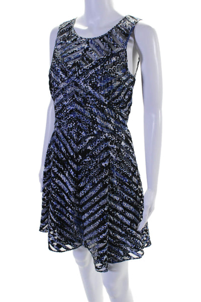 Parker Women's Scoop Neck Sleeveless Mesh Trim Flare Mini Dress Blue Size M