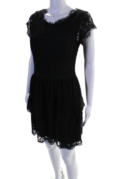 Joie Women's Round Neck Short Sleeves Ruffle Lace Mini Dress Black Size M