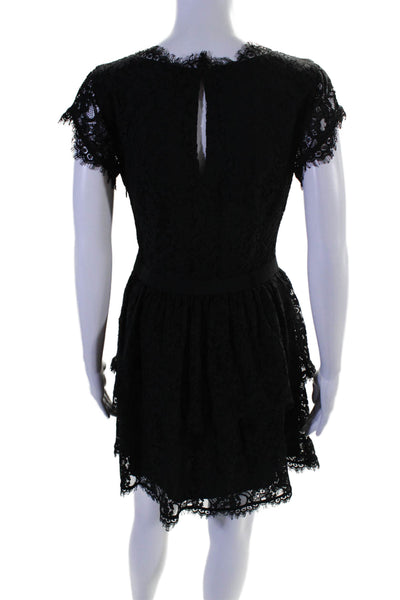 Joie Women's Round Neck Short Sleeves Ruffle Lace Mini Dress Black Size M