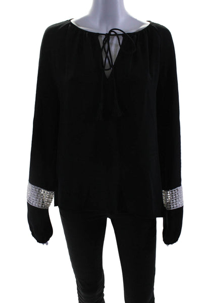 Shoshanna Womens Long Sleeve Embroidered Trim V Neck Tassel Blouse Black Size M