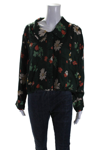 The Great Womens Dark Green Floral Print Collar Long Sleeve Blouse Top Size 1