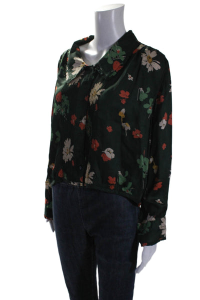 The Great Womens Dark Green Floral Print Collar Long Sleeve Blouse Top Size 1