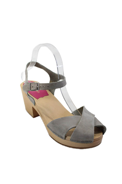 Swedish Hasbeens Womens Gray Suede Ankle Strap Wooden Sandals Shoes Size 8