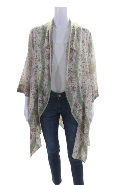 Bell Womens Cotton + Silk Floral Print Open Front Longline Kimono Green Size S