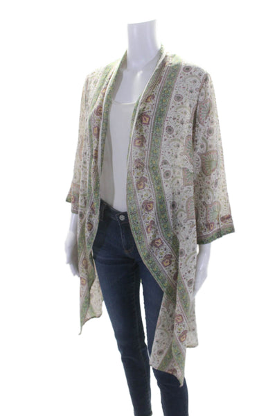 Bell Womens Cotton + Silk Floral Print Open Front Longline Kimono Green Size S