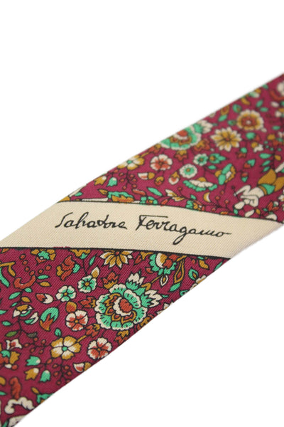 Salvatore Ferragamo Mens Dark Red Floral Print Silk Necktie