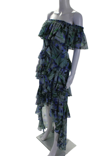 Badgley Mischka Womens Off Shoulder Ruffle Tiered Zip Maxi Dress Green Size M