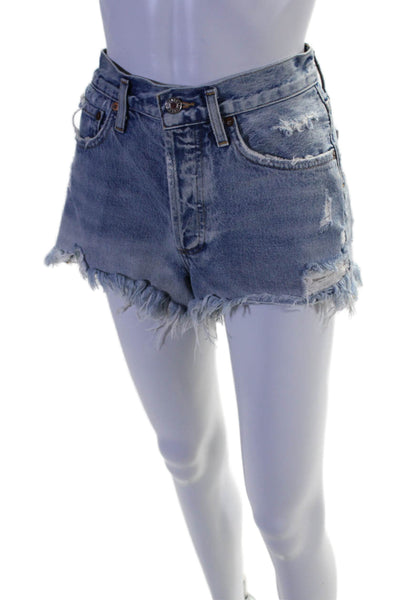 Agolde Womens Cotton Distressed Button Mini Denim Shorts Blue Size EUR 25