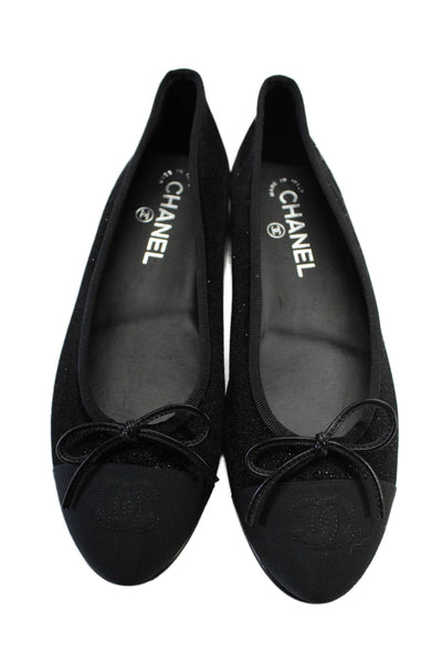 Chanel Womens Black Glittery Velvet CC Cap Toe Ballet Flats Shoes Size 8.5