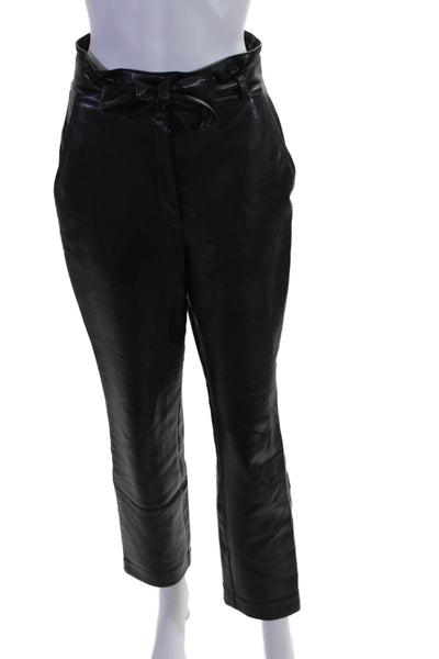 Babaton Womens Faux Leather Hook & Eye Belted Tapered Leg Pants Black Size 4