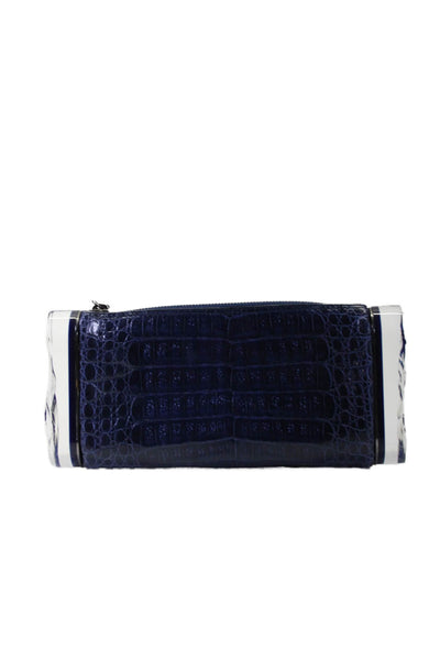 Edie Parker Womens Leather Textured Mock Croc Acrylic Clutch Blue