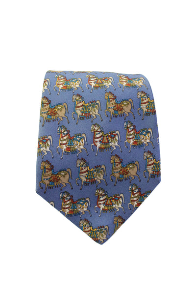 Salvatore Ferragamo Mens Dusty Blue Horse Print Silk Necktie