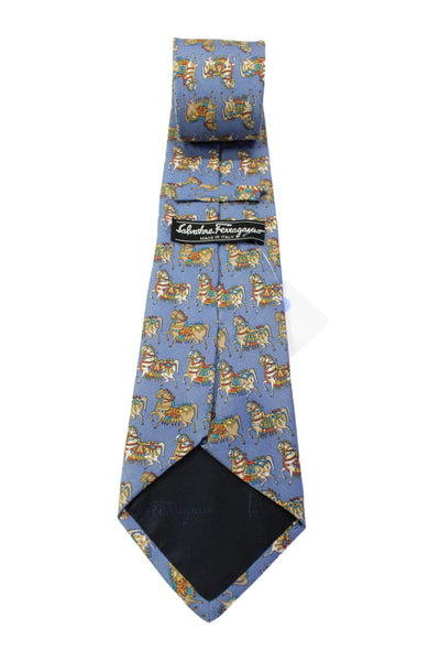 Salvatore Ferragamo Mens Dusty Blue Horse Print Silk Necktie