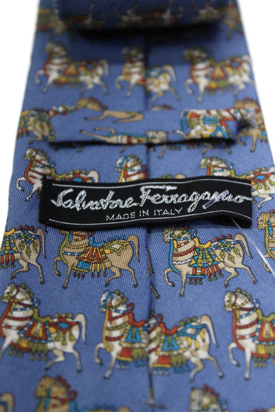 Salvatore Ferragamo Mens Dusty Blue Horse Print Silk Necktie