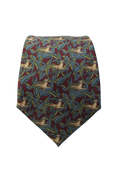 Salvatore Ferragamo Mens Dark Red Floral & Cat Print Silk Necktie