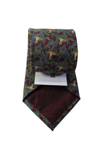 Salvatore Ferragamo Mens Dark Red Floral & Cat Print Silk Necktie